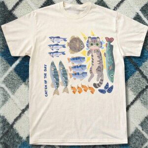 Catch Of The Day Cat Graphic Tee White Cute Fishing Cat Shirt